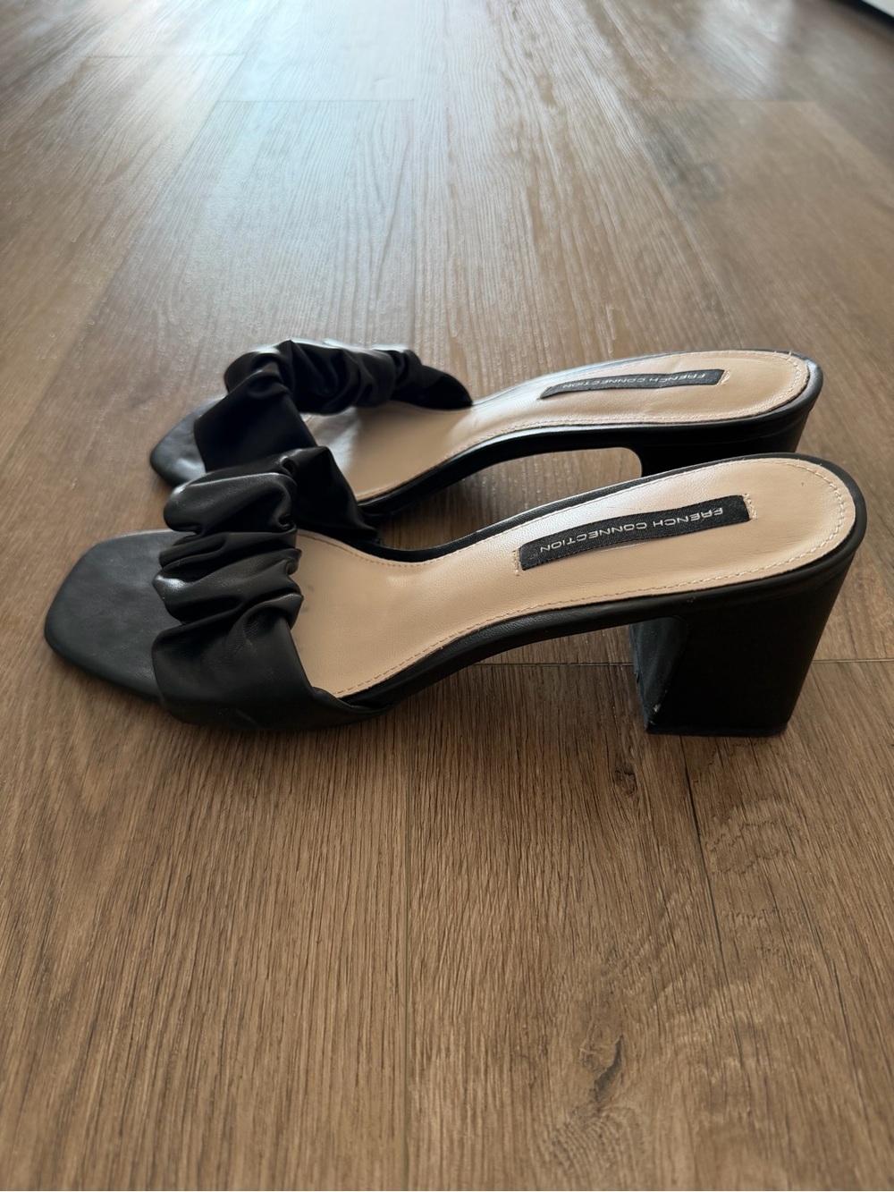French Connection Black Ruched Square-Toe Slide Mules - Picture 2 of 3